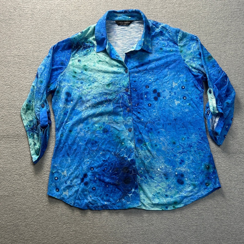 Tango Mango Button Front Blouse Art Top Womens L Blue Abstract‎ Rhinestone Boho
